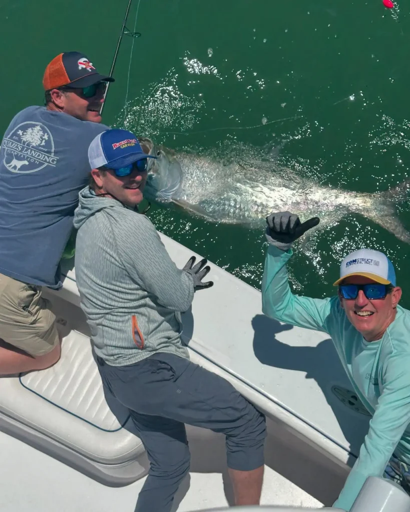 Three anglers releasing a trophy tarpon beside a charter boat in Sarasota, Florida.