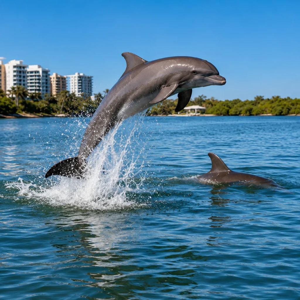 Bottlenose dolphins leaping from the water in Sarasota Bay during a private boat tour.