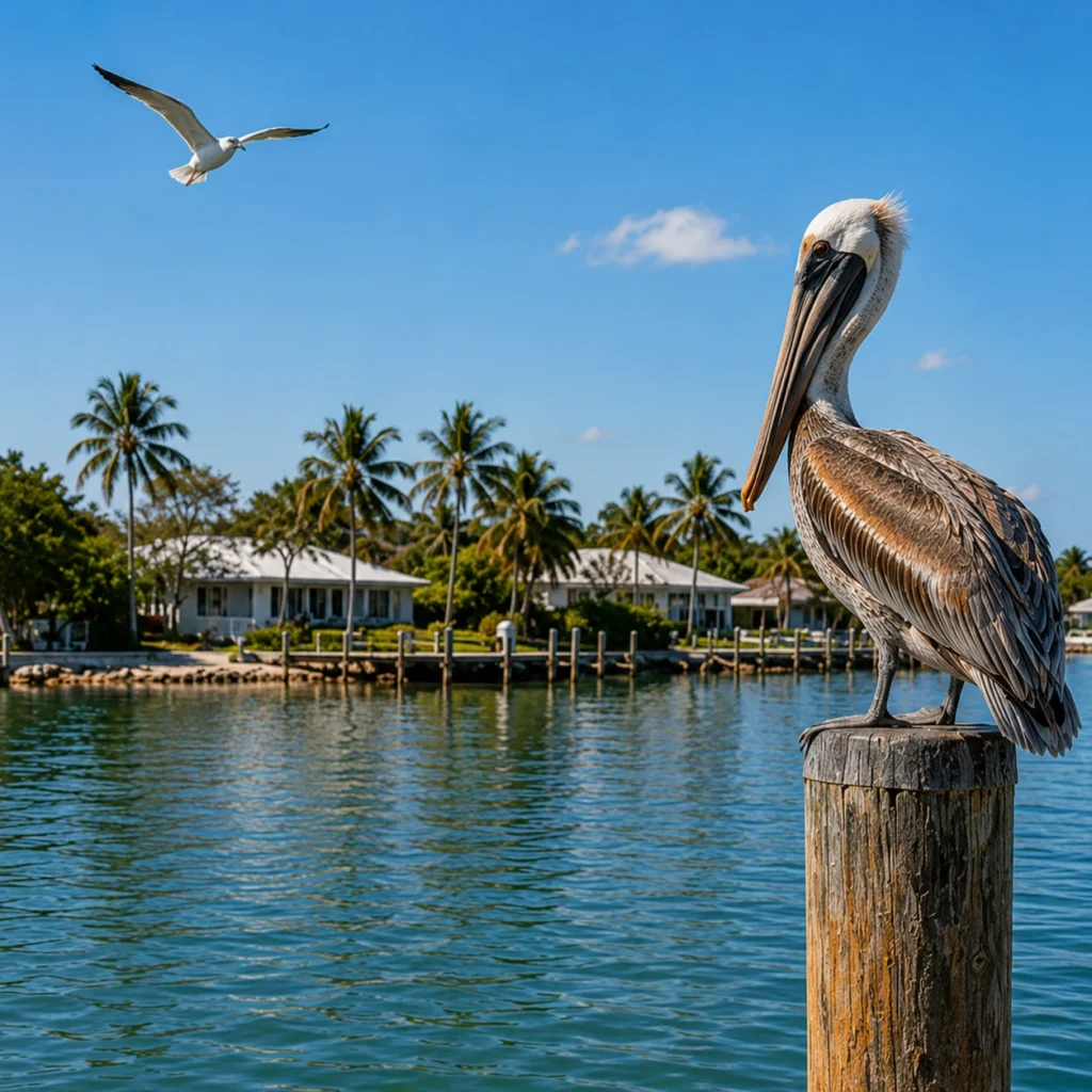Brown pelican perched on a dock piling overlooking Sarasota Bay during a wildlife boat tour.