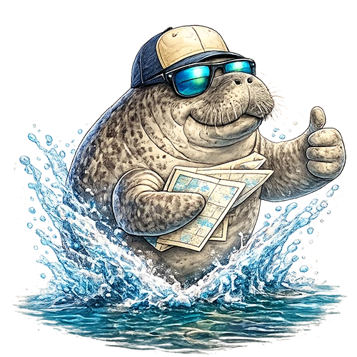 Cartoon manatee mascot wearing sunglasses and a Charter Sauce hat holding a Sarasota Bay map.