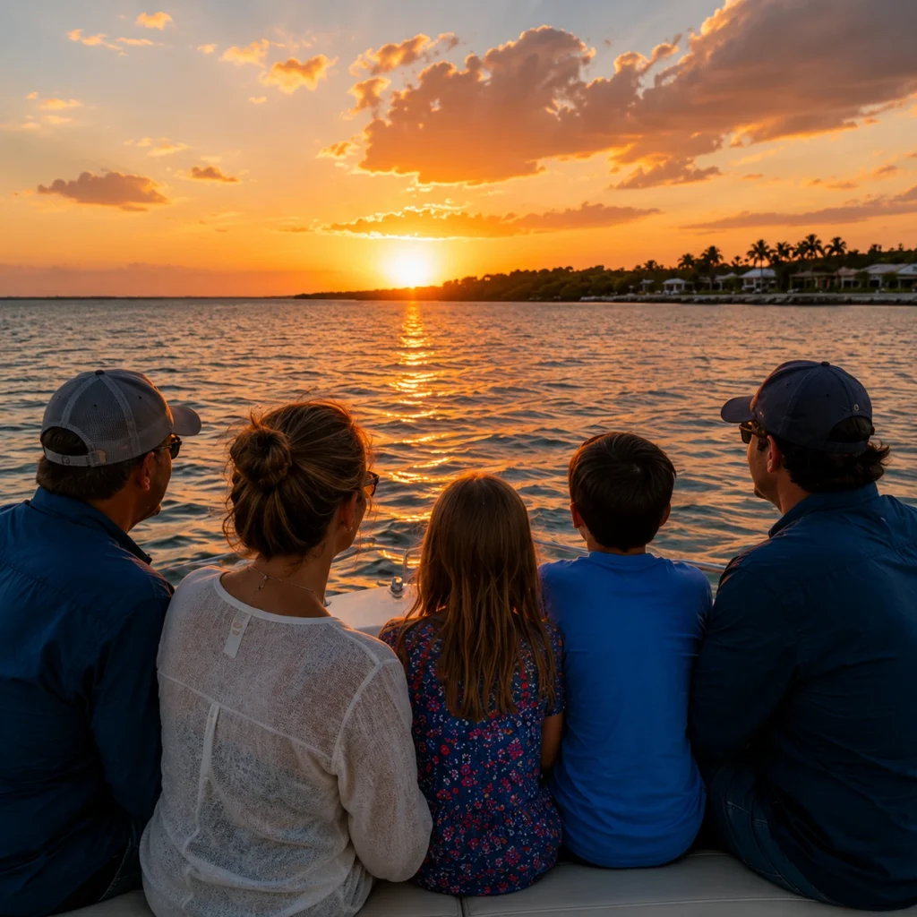 Family enjoying a sunset cruise on Sarasota Bay aboard a private charter boat.