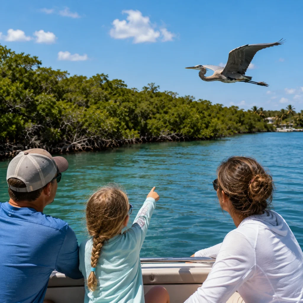 Family watching a great blue heron while exploring Sarasota Bay on a private boat tour.