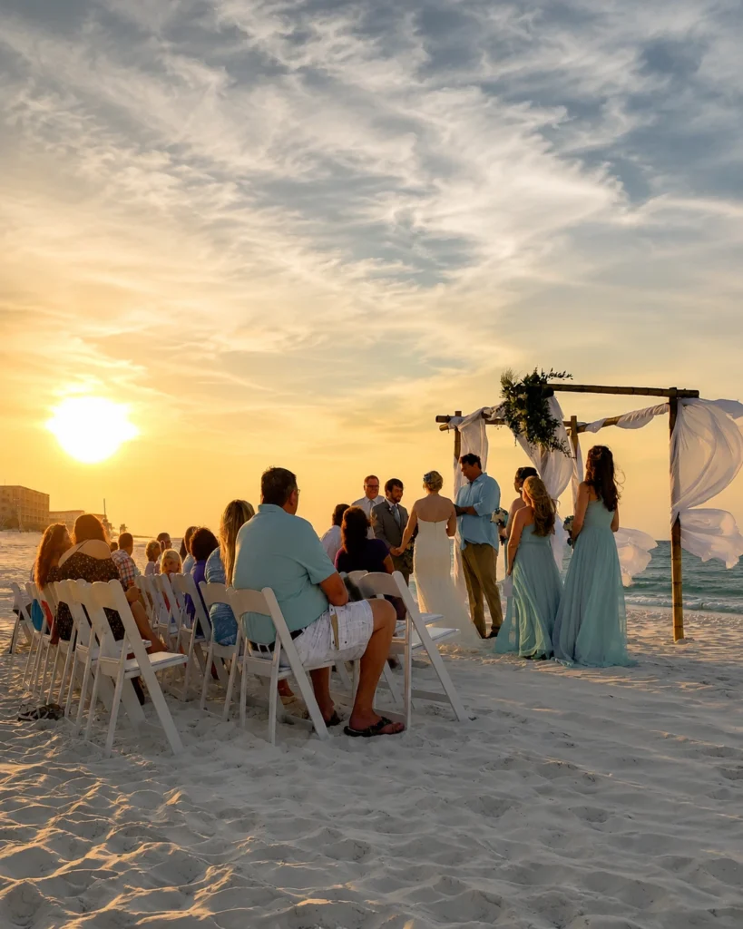 Beach wedding ceremony at sunset in Sarasota, Florida with guests watching as the couple exchanges vows on the white sand Gulf Coast shoreline.