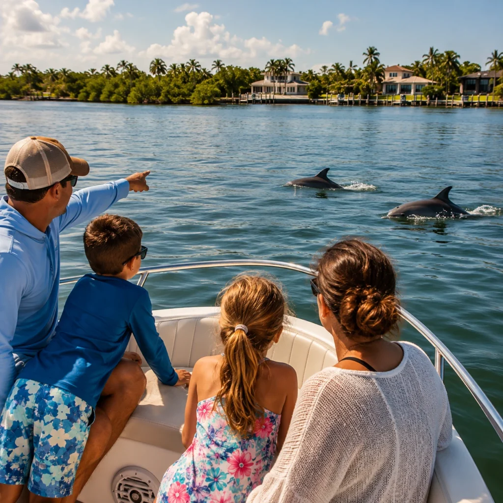 Family watching wild bottlenose dolphins swimming alongside a boat in Sarasota Bay during a sightseeing tour.