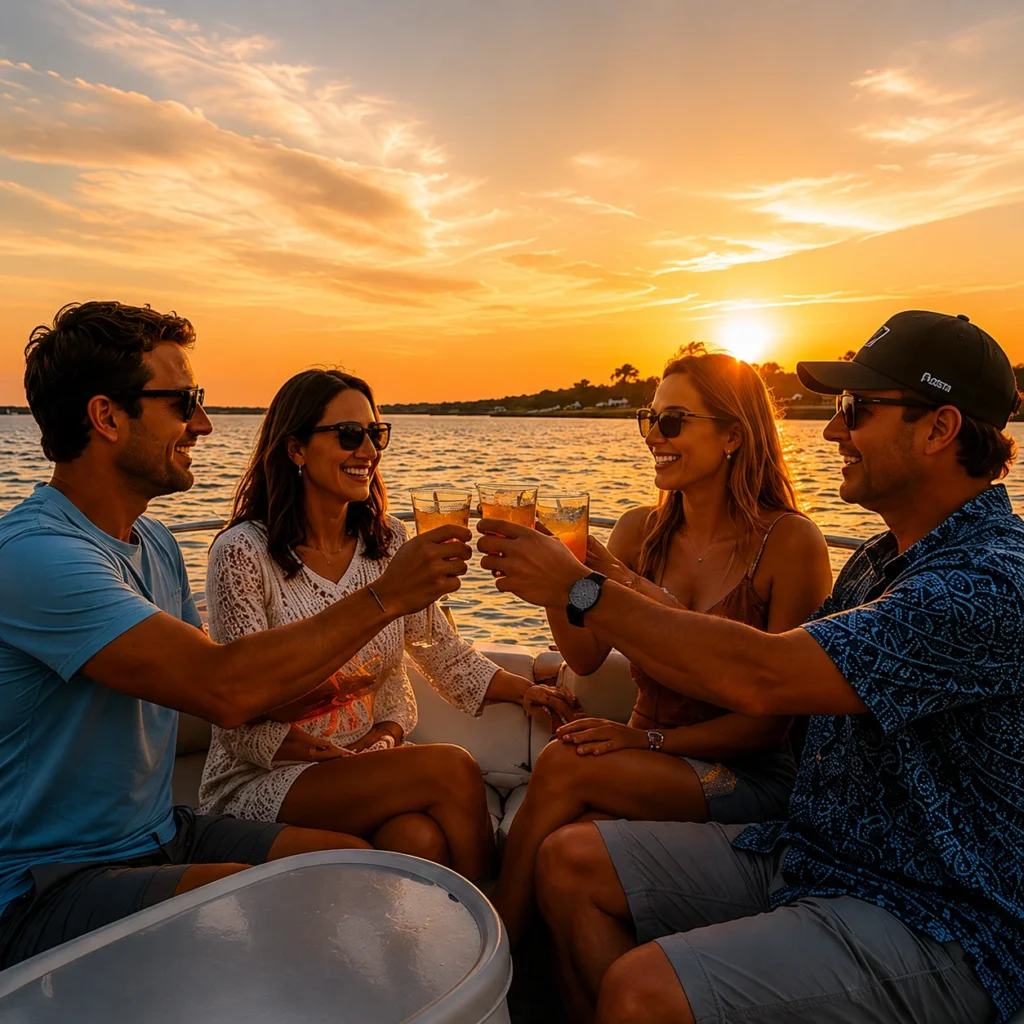 Group of friends relaxing with drinks aboard a private boat during a Sarasota sunset cruise on Sarasota Bay