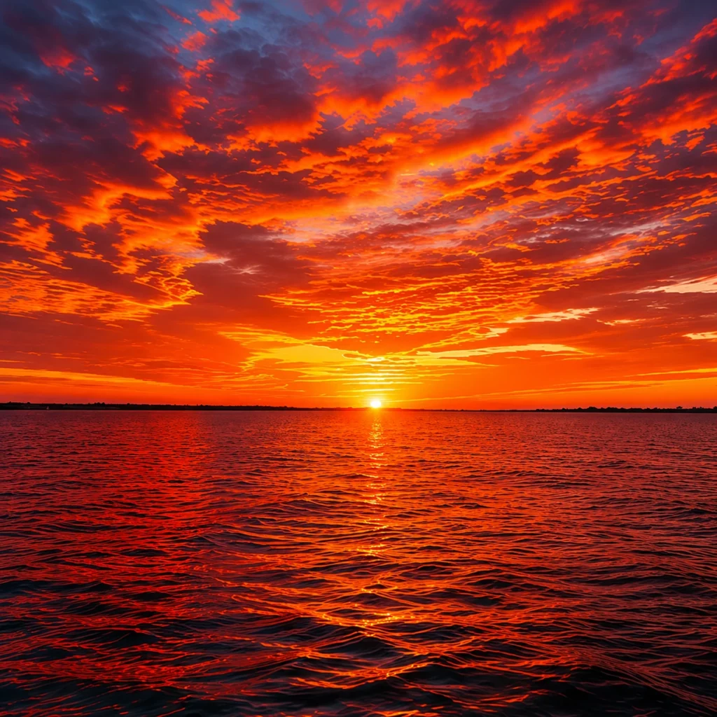 Brilliant sunset over Sarasota Bay with vibrant orange and red clouds reflecting across calm Gulf Coast waters
